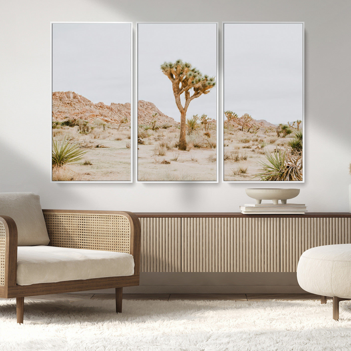 67109959-MGV-FC-48X32-3P_White-Joshua Tree Wall Art Canvas Print, Framed Neutral Desert Art Picture Print, Earthy Landscape Perfect Neutral Boho Decor Artwork