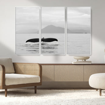 30524220-MGV-FC-48X32-3P_White-Whale Tail Wall Art Canvas Print, Framed Black White Ocean Art Picture Print, Calm Marine Perfect Minimalist Coastal Decor Artwork