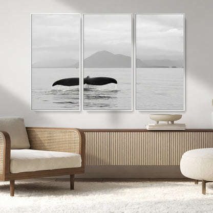 30524220-MGV-FC-48X32-3P_White-Whale Tail Wall Art Canvas Print, Framed Black White Ocean Art Picture Print, Calm Marine Perfect Minimalist Coastal Decor Artwork