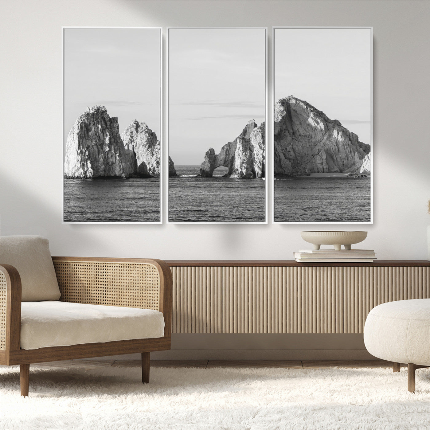 18810731-MGV-FC-48X32-3P_White-Rugged Coastline Wall Art Canvas Print, Framed Ocean Cliffs Art Picture Print, Monochrome Seascape Perfect Coastal Minimalist