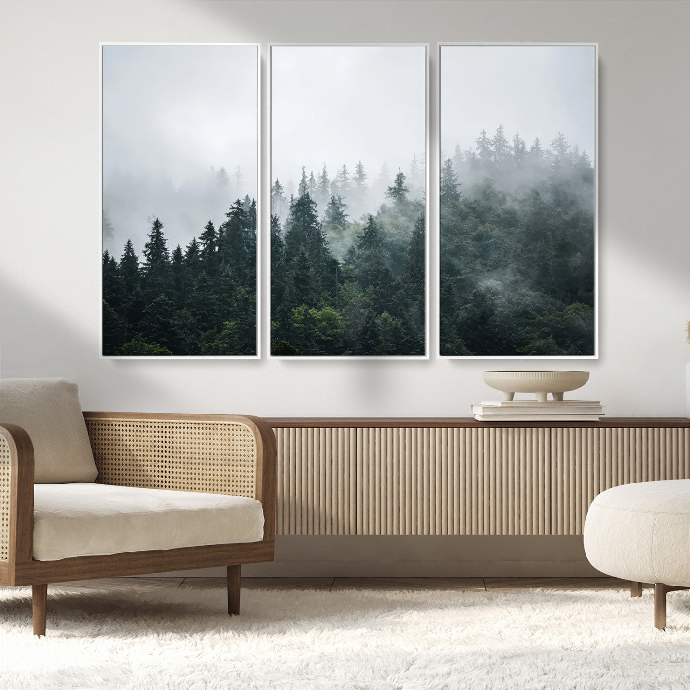 84146572-MGV-FC-48X32-3P_White-Foggy Pine Trees Wall Art Canvas Print, Framed Forest Nature Art Picture Print, Evergreen Forest Perfect Scandinavian Minimalist