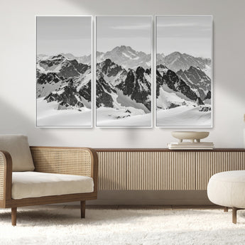 46884246-MGV-FC-48X32-3P_White-Snowy Mountain Wall Art Canvas Print, Framed Mountain Peaks Art Picture Print, Alpine Mountains Perfect Minimalist Alpine Decor