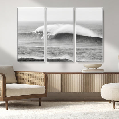42544082-MGV-CV-36X24-Monochrome Seascape Wall Art Canvas Print, Framed Surf Wave Art Picture Print, Minimalist Ocean Perfect Moody Coastal Decor