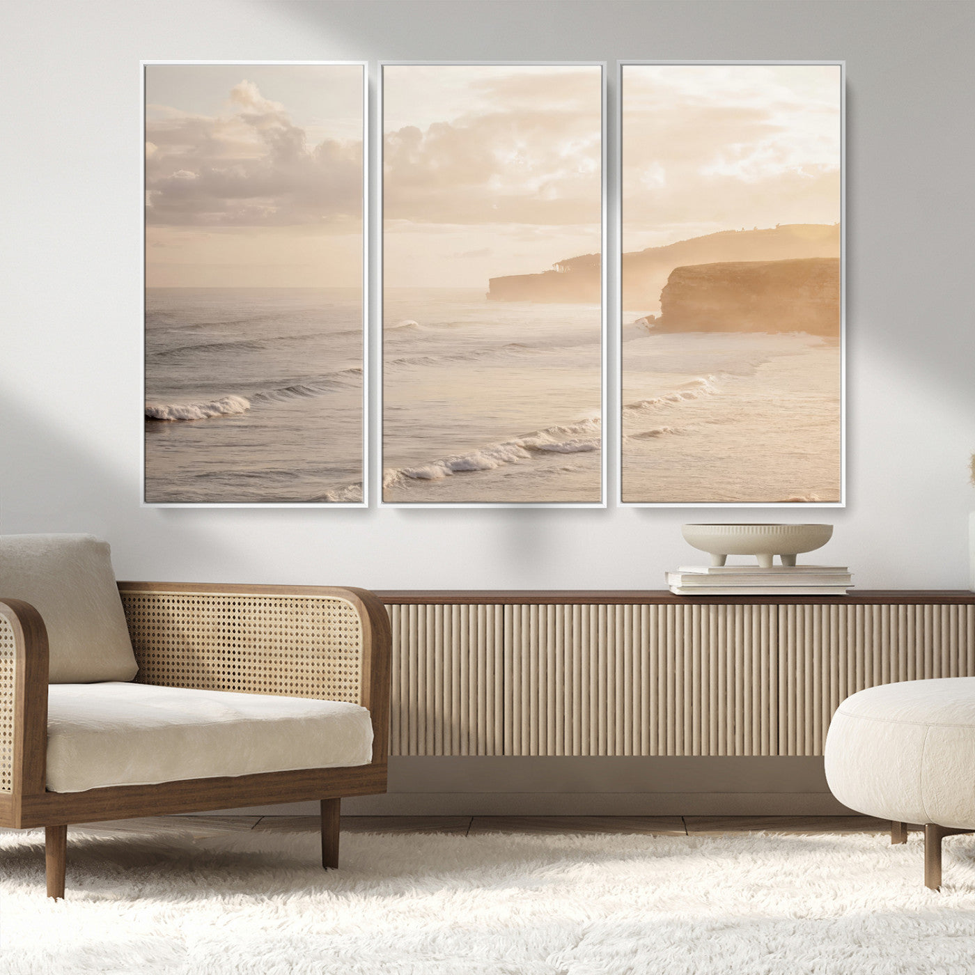 57669769-MGV-FC-48X32-3P_White-Misty Coastal Wall Art Canvas Print, Framed Golden Sunset Art Picture Print, Serene Shoreline Perfect Tranquil Coastal Decor