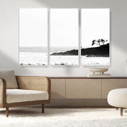 40875891-MGV-FC-48X32-3P_White-SurferCliffs Wall Art Canvas Print, Framed Black White Beach Art Picture Print, Ocean Waves Perfect Minimalist Coastal Decor