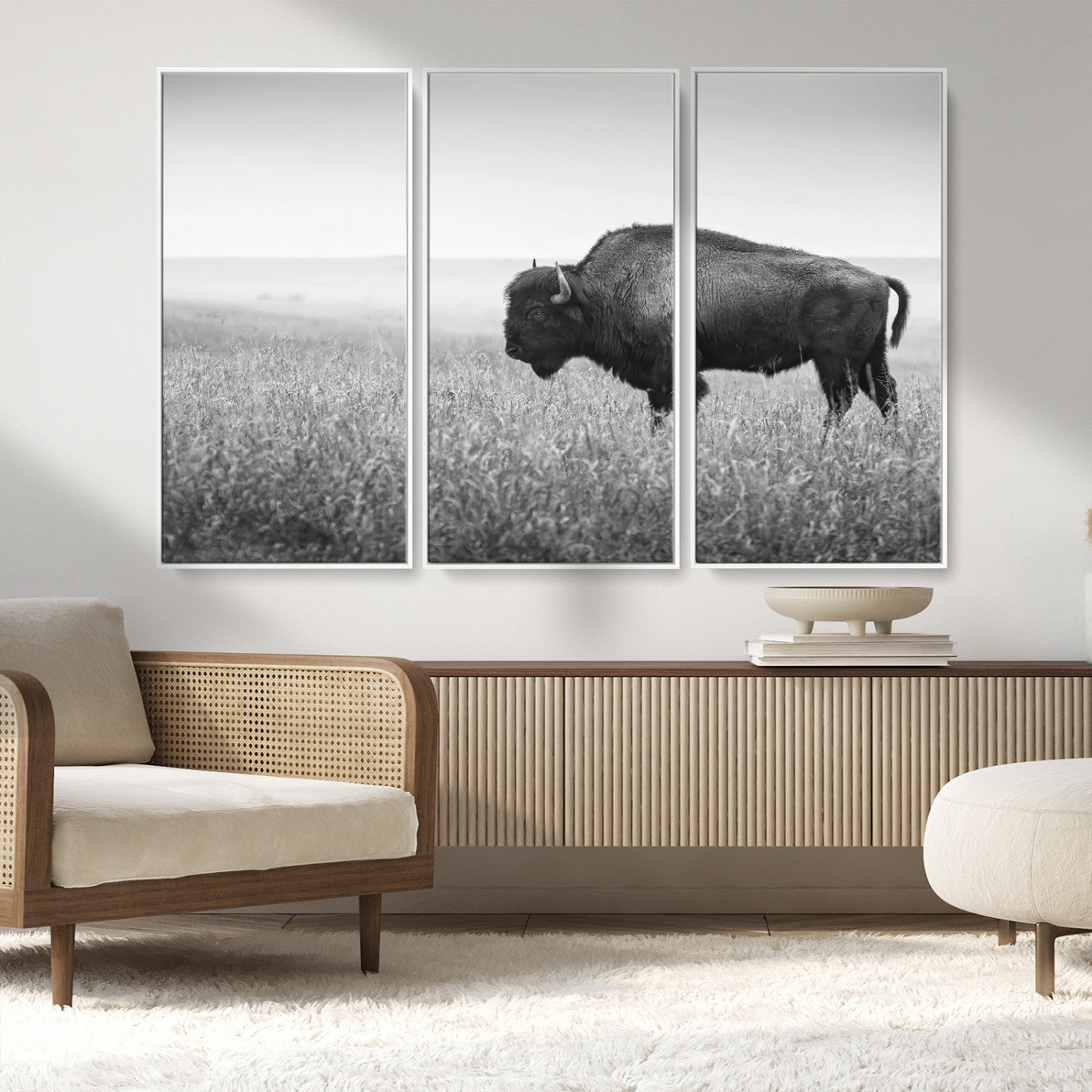 28435251-MGV-CV-36X24-Bison In Prairie Wall Art Canvas Print, Framed Rustic Wildlife Art Picture Print, Wild Buffalo Perfect Rustic Western Decor