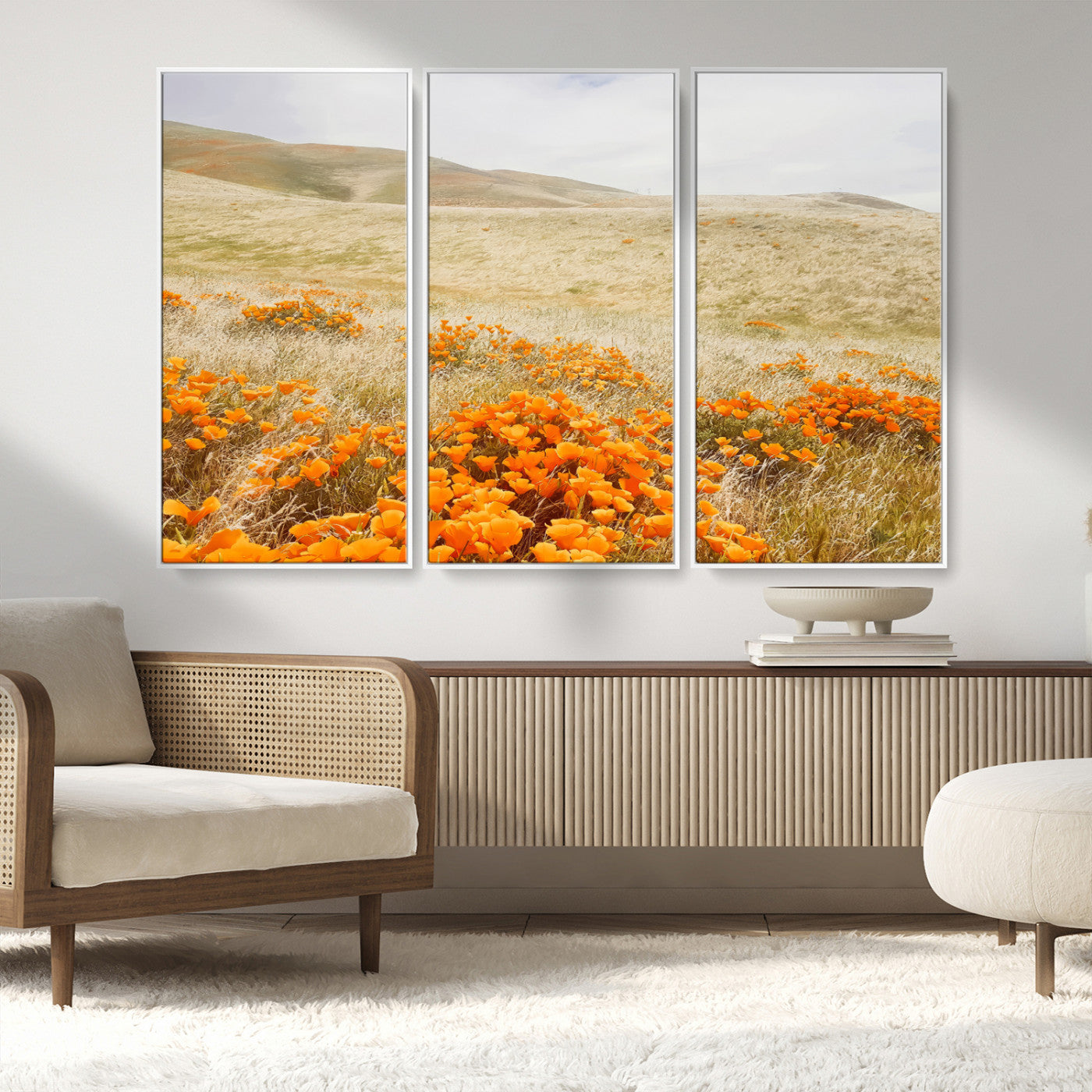 28972262-MGV-CV-36X24-Golden Wildflowers Wall Art Canvas Print, Framed Hills Bloom Art Picture Print, Poppy Meadow Perfect Rustic Nature Decor Artwork