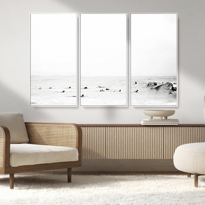 38441169-MGV-FC-48X32-3P_White-Monochrome Swimming Wall Art Canvas Print, Framed Ocean Horizon Art Picture Print, Moody Coastal Perfect Minimalist Coastal Decor