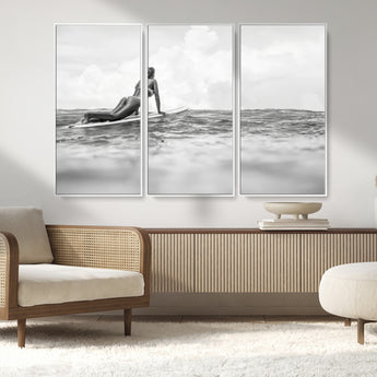 69798068-MGV-FC-48X32-3P_White-Black White Surfing Wall Art Canvas Print, Framed Ocean Horizon Art Picture Print, Surfer Girl Perfect Coastal Adventure Decor