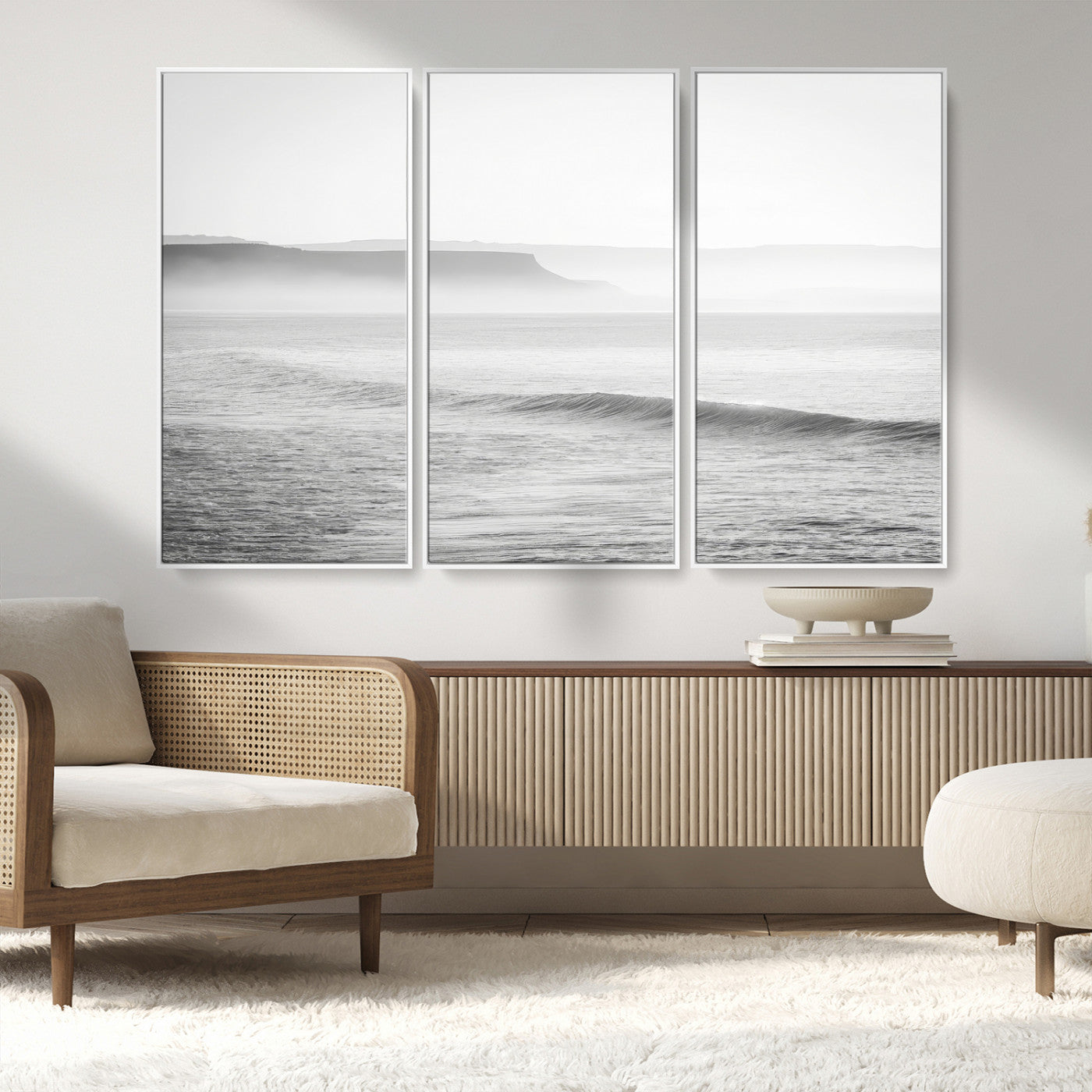 60635783-MGV-CV-36X24-Black White Seascape Wall Art Canvas Print, Framed Ocean Waves Art Picture Print, Misty Coastal Perfect Minimalist Coastal Decor