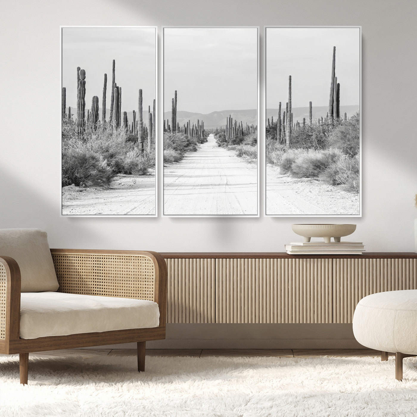 35537313-MGV-FC-48X32-3P_White-Monochrome Desert Wall Art Canvas Print, Framed Cactus Path Art Picture Print, Southwestern Landscape Perfect Southwestern