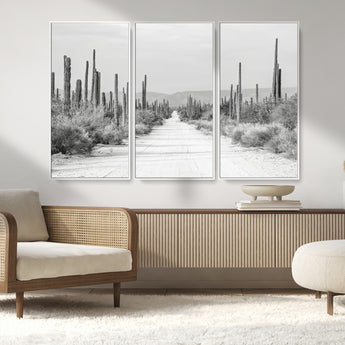35537313-MGV-FC-48X32-3P_White-Monochrome Desert Wall Art Canvas Print, Framed Cactus Path Art Picture Print, Southwestern Landscape Perfect Southwestern