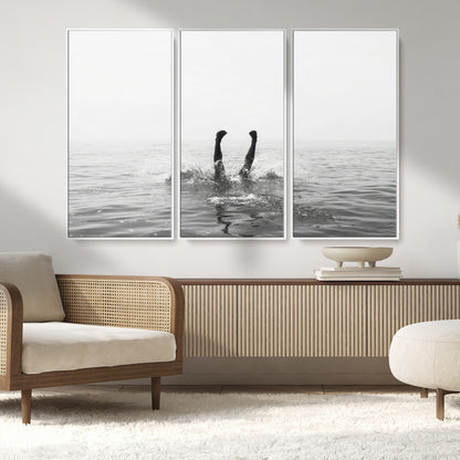 26667396-MGV-CV-36X24-Black White Ocean Wall Art Canvas Print, Framed Monochrome Water Art Picture Print, Diving into Water Perfect Minimalist Aquatic