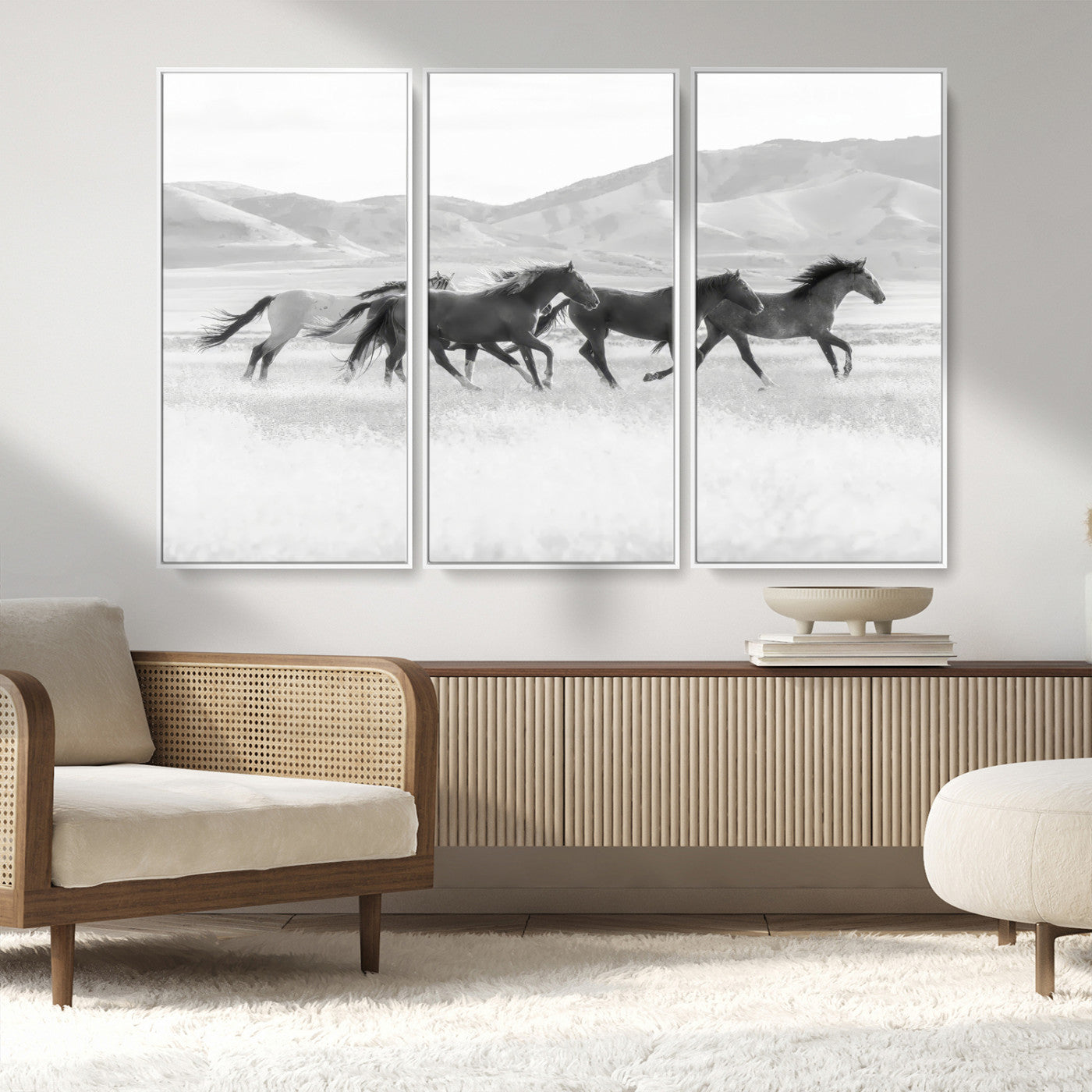69934913-MGV-FC-48X32-3P_White-Wild Horses Running Wall Art Canvas Print, Framed Black White Mustangs Art Picture Print, Rustic Western Perfect Rustic Western