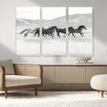 69934913-MGV-FC-48X32-3P_White-Wild Horses Running Wall Art Canvas Print, Framed Black White Mustangs Art Picture Print, Rustic Western Perfect Rustic Western