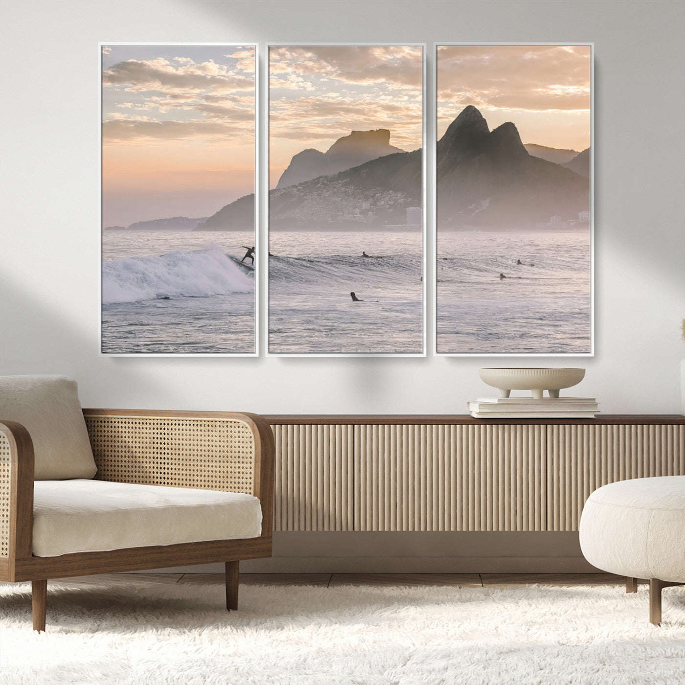 70644906-MGV-CV-36X24-Sunset Surfing Wall Art Canvas Print, Framed Misty Mountains Art Picture Print, Surfer Riding Wave Perfect Coastal Adventure Decor