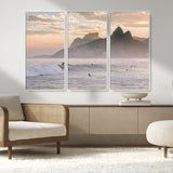 70644906-MGV-CV-36X24-Sunset Surfing Wall Art Canvas Print, Framed Misty Mountains Art Picture Print, Surfer Riding Wave Perfect Coastal Adventure Decor