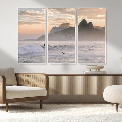 70644906-MGV-CV-36X24-Sunset Surfing Wall Art Canvas Print, Framed Misty Mountains Art Picture Print, Surfer Riding Wave Perfect Coastal Adventure Decor