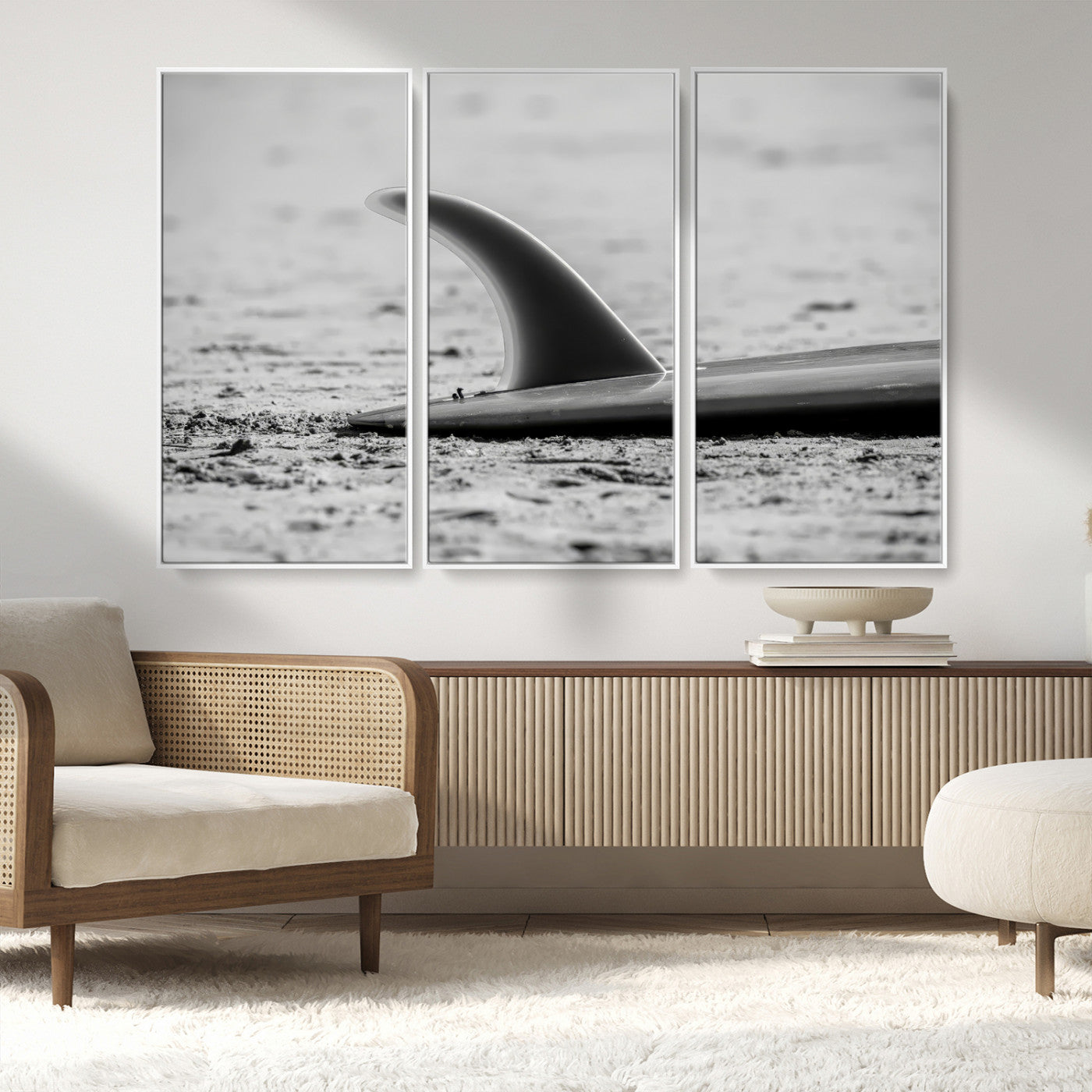 62314230-MGV-CV-36X24-Black White Surfboard Wall Art Canvas Print, Framed Minimalist Beach Art Picture Print, Surf Fin Perfect Minimalist Coastal Decor