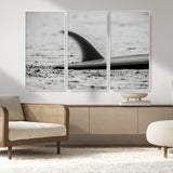 62314230-MGV-CV-36X24-Black White Surfboard Wall Art Canvas Print, Framed Minimalist Beach Art Picture Print, Surf Fin Perfect Minimalist Coastal Decor