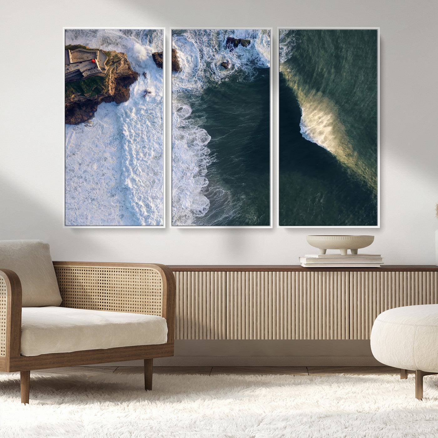 37405684-MGV-FC-48X32-3P_White-Nazaré Coast Wall Art Canvas Print, Framed Aerial Ocean Art Picture Print, Coastal Fortress Perfect Dramatic Coastal Decor Artwork