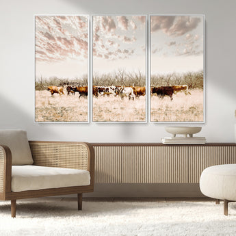 64892775-MGV-FC-48X32-3P_White-Longhorn Cattle Wall Art Canvas Print, Framed Texas Ranch Art Picture Print, Western Cow Perfect Western Decor Artwork