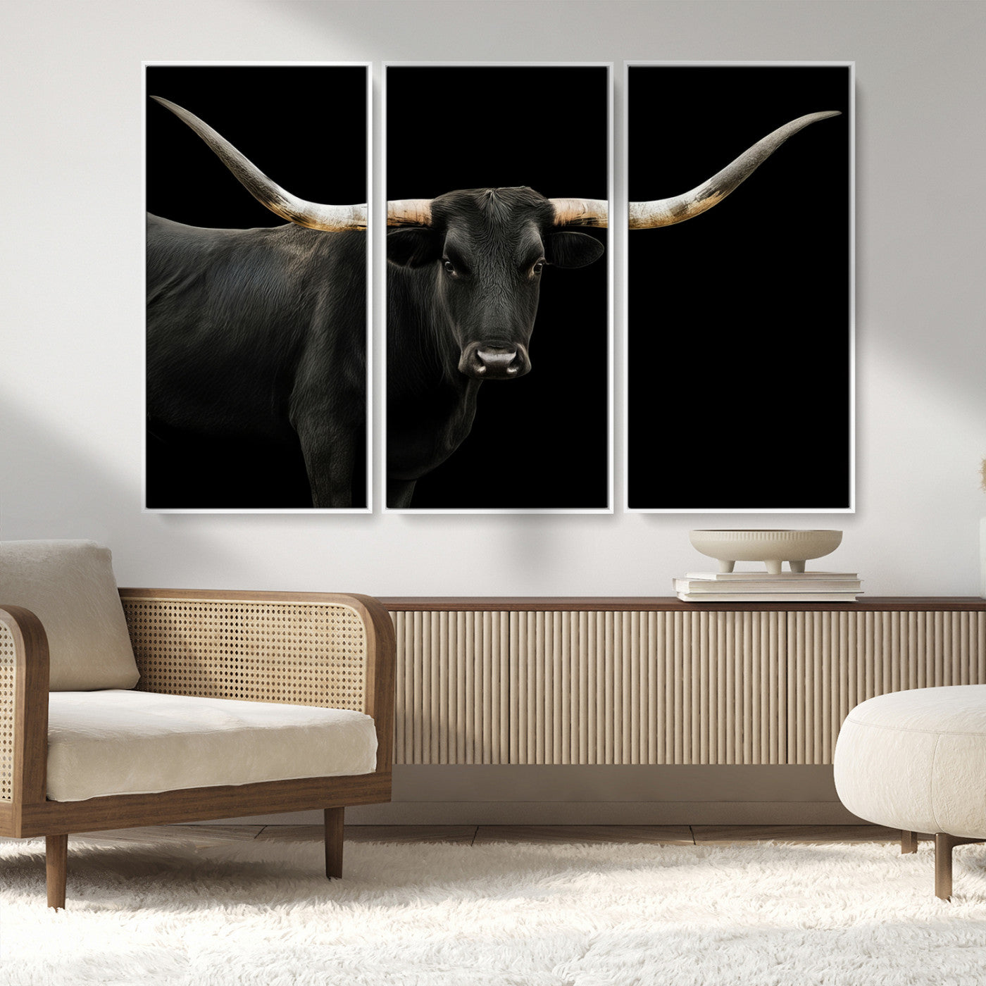 99448328-MGV-FC-48X32-3P_White-Longhorn Cattle Wall Art Canvas Print, Framed Texas Ranch Art Picture Print, Western Cow Perfect Farmhouse Decor Artwork