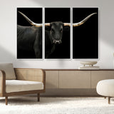 99448328-MGV-FC-48X32-3P_White-Longhorn Cattle Wall Art Canvas Print, Framed Texas Ranch Art Picture Print, Western Cow Perfect Farmhouse Decor Artwork