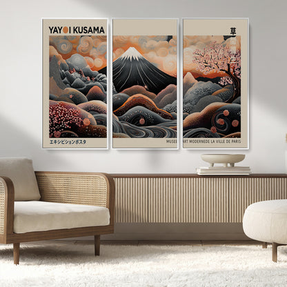 55739266-MGV-FC-48X32-3P_White-Japanese Wall Art Print – Abstract Yayoi Kusama Inspired Dotted Landscape Poster, Surreal Oriental Mountain and Cherry Blossom