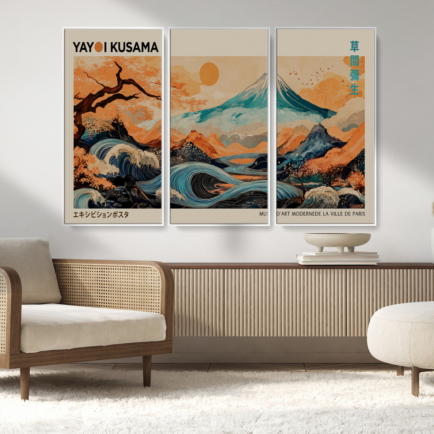 22373530-MGV-FC-48X32-3P_White-Japanese Mt Fuji Wave Art Print – Ukiyo e Inspired Sun & Cherry Blossom Poster, Traditional Asian Landscape Painting, Modern