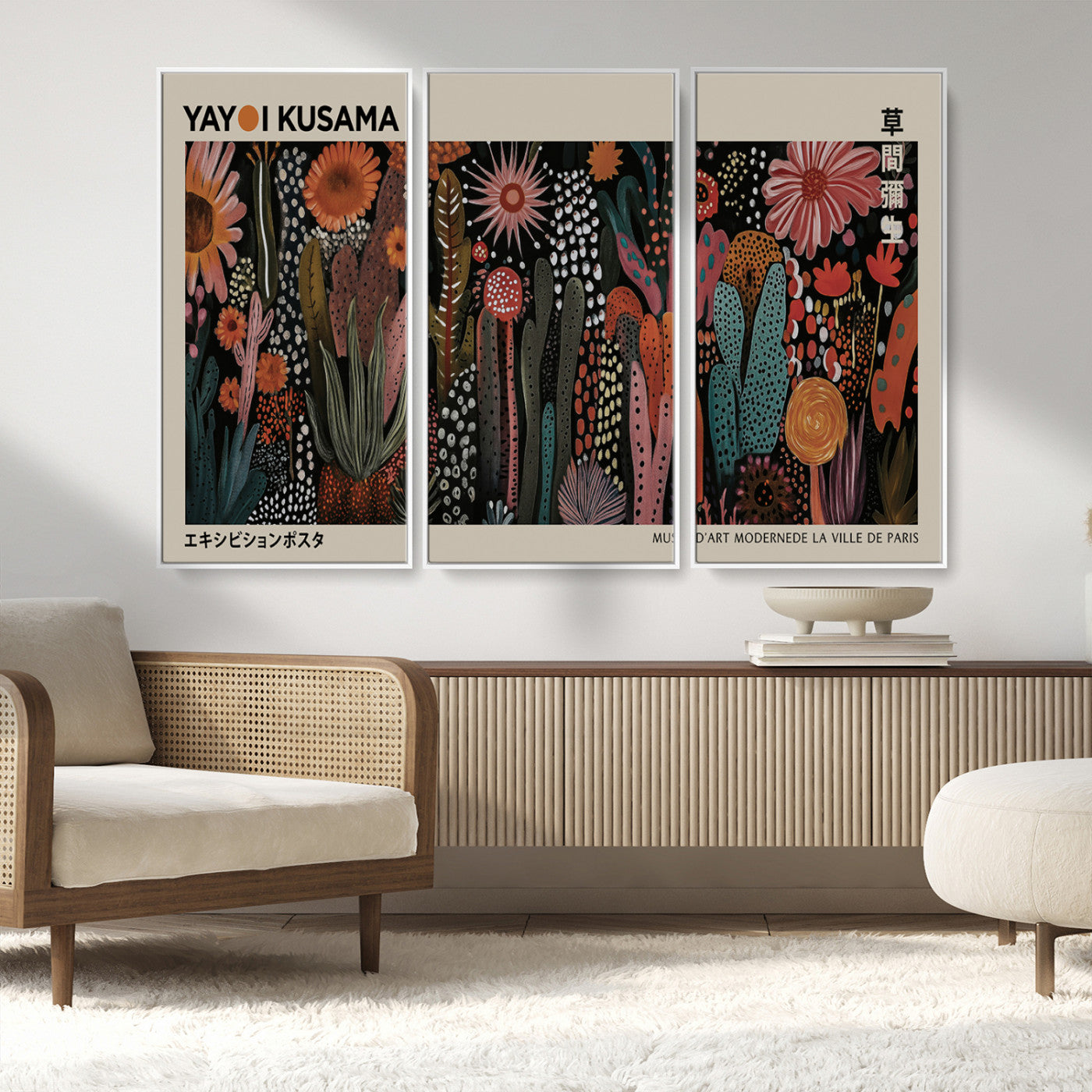 28344895-MGV-CV-36X24-Dark Floral Abstract Wall Art Poster – Modern Botanical Canvas Print with Beige Border, Kusama Inspired Boho Flower Painting,