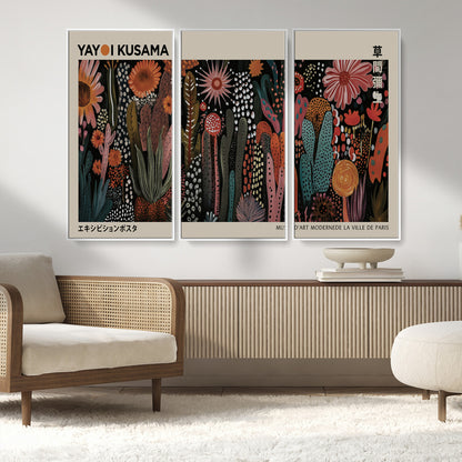 28344895-MGV-CV-36X24-Dark Floral Abstract Wall Art Poster – Modern Botanical Canvas Print with Beige Border, Kusama Inspired Boho Flower Painting,
