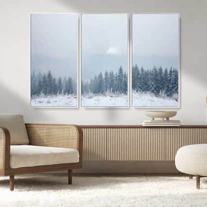 33033082-MGV-FC-48X32-3P_White-Winter Forest Art Wall Art Canvas Print, Framed Snowy Landscape Art Picture Print, Misty Tree Scene Perfect Nordic Minimalist