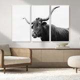 99244177-MGV-FC-48X32-3P_White-Longhorn Photography Wall Art Canvas Print, Framed Western Cow Decor Art Picture Print, Black White Bull Perfect Modern Rustic