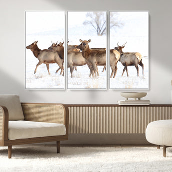 68738684-MGV-FC-48X32-3P_White-Winter Elk Scene Wall Art Canvas Print, Framed Wildlife Photography Art Picture Print, Snowy Deer Decor Perfect Rustic Lodge Decor