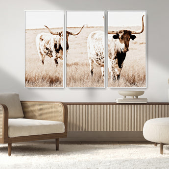 39672786-MGV-FC-48X32-3P_White-Rustic Cow Scene Wall Art Canvas Print, Framed Farmhouse Style Cattle Art Picture Print, Prairie Animal Duo Perfect Rustic Western