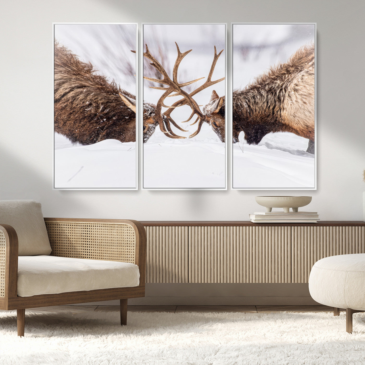 36507609-MGV-CV-36X24-Elk Clash Scene Wall Art Canvas Print, Framed Wildlife Strength Decor Art Picture Print, Snowy Forest Elk Perfect Rustic Lodge