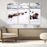 13891210-MGV-CV-36X24-Bison Herd Scene Wall Art Canvas Print, Framed Western Wildlife Decor Art Picture Print, Snowy Mountain Valley Perfect Rustic