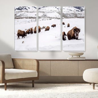 13891210-MGV-CV-36X24-Bison Herd Scene Wall Art Canvas Print, Framed Western Wildlife Decor Art Picture Print, Snowy Mountain Valley Perfect Rustic