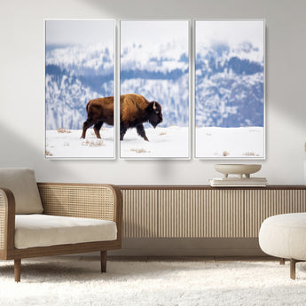 58512275-MGV-FC-48X32-3P_White-Cowboy Aesthetic Wall Art Canvas Print, Framed Neutral Animal Theme Art Picture Print, Bison Ranch Style Perfect Rustic Western