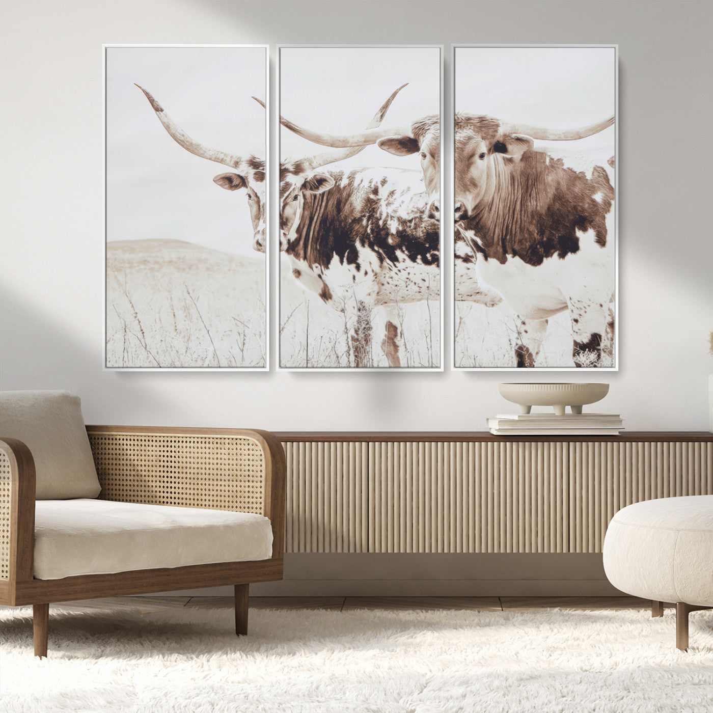 48161868-MGV-FC-48X32-3P_White-Longhorn Cow Decor Wall Art Canvas Print, Framed Rustic Cattle Art Picture Print, Sepia Western Vibe Perfect Neutral Rustic