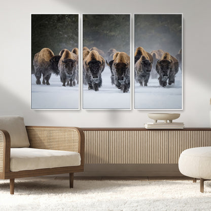 41669135-MGV-CV-36X24-Bison Herd Scene Wall Art Canvas Print, Framed Rustic Wildlife Decor Art Picture Print, Snowy Bison Landscape Perfect Rustic