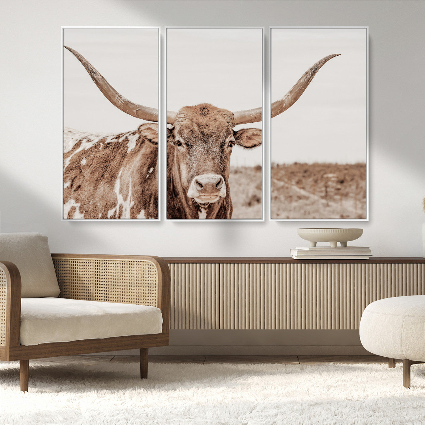 77810049-MGV-CV-36X24-Longhorn Bull Photo Wall Art Canvas Print, Framed Rustic Cow Decor Art Picture Print, Neutral Farmhouse Style Perfect Rustic