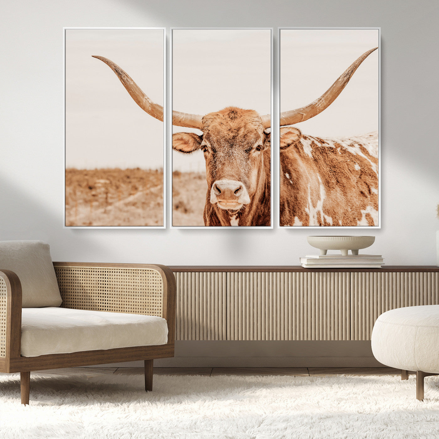74406977-MGV-CV-36X24-Longhorn Bull Decor Wall Art Canvas Print, Framed Western Cow Theme Art Picture Print, Rustic Farmhouse Wall Perfect Neutral