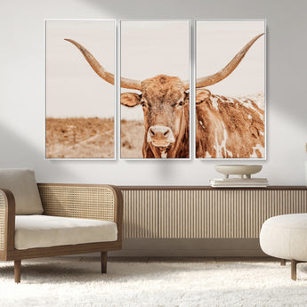 74406977-MGV-CV-36X24-Longhorn Bull Decor Wall Art Canvas Print, Framed Western Cow Theme Art Picture Print, Rustic Farmhouse Wall Perfect Neutral