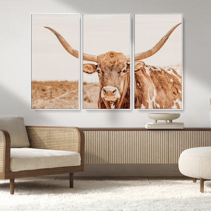 74406977-MGV-CV-36X24-Longhorn Bull Decor Wall Art Canvas Print, Framed Western Cow Theme Art Picture Print, Rustic Farmhouse Wall Perfect Neutral