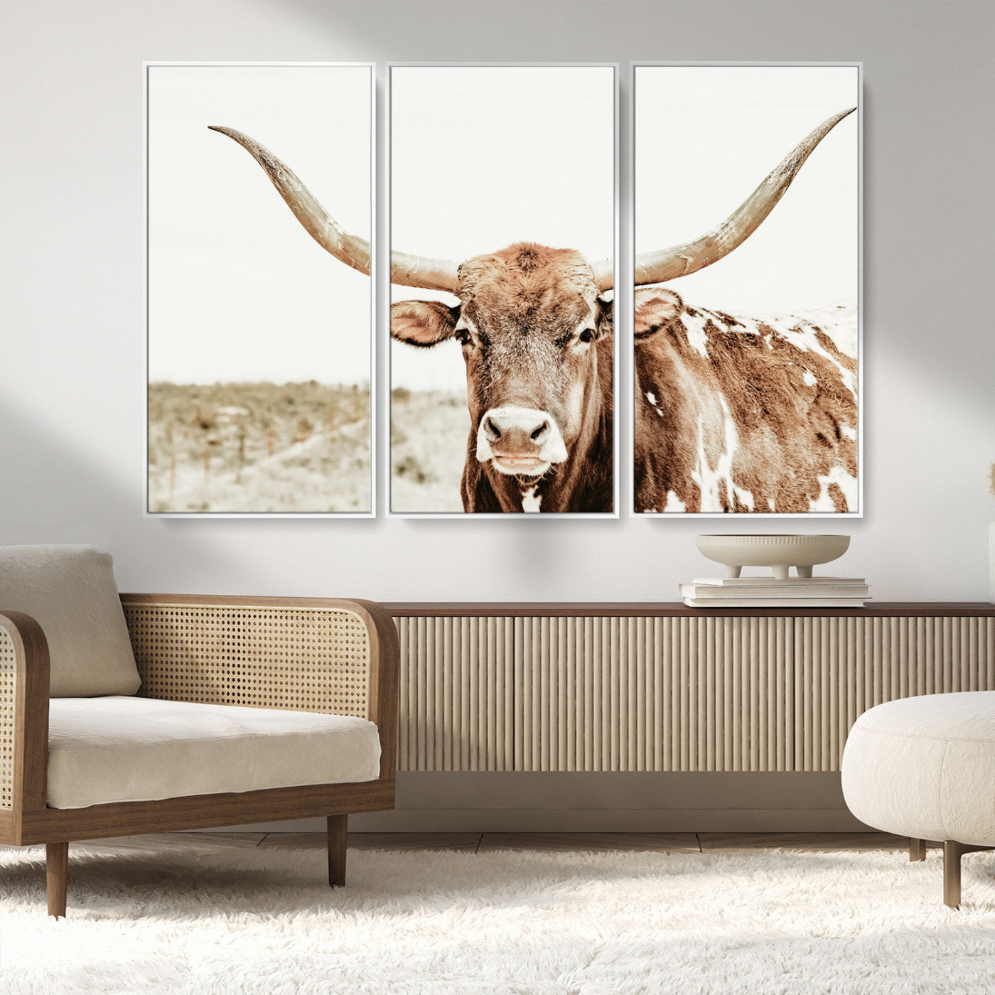 98924580-MGV-FC-48X32-3P_White-Texas Longhorn Bull Wall Art Canvas Print, Framed Rustic Farmhouse Decor Art Picture Print, Western Animal Theme Perfect Rustic