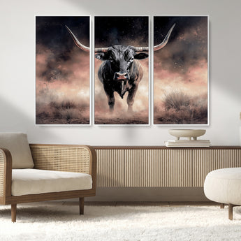 71457818-MGV-CV-36X24-Longhorn Wall Art Wall Art Canvas Print, Framed Western Bull Canvas Art Picture Print, Rustic Cow Decor Perfect Western Dramatic
