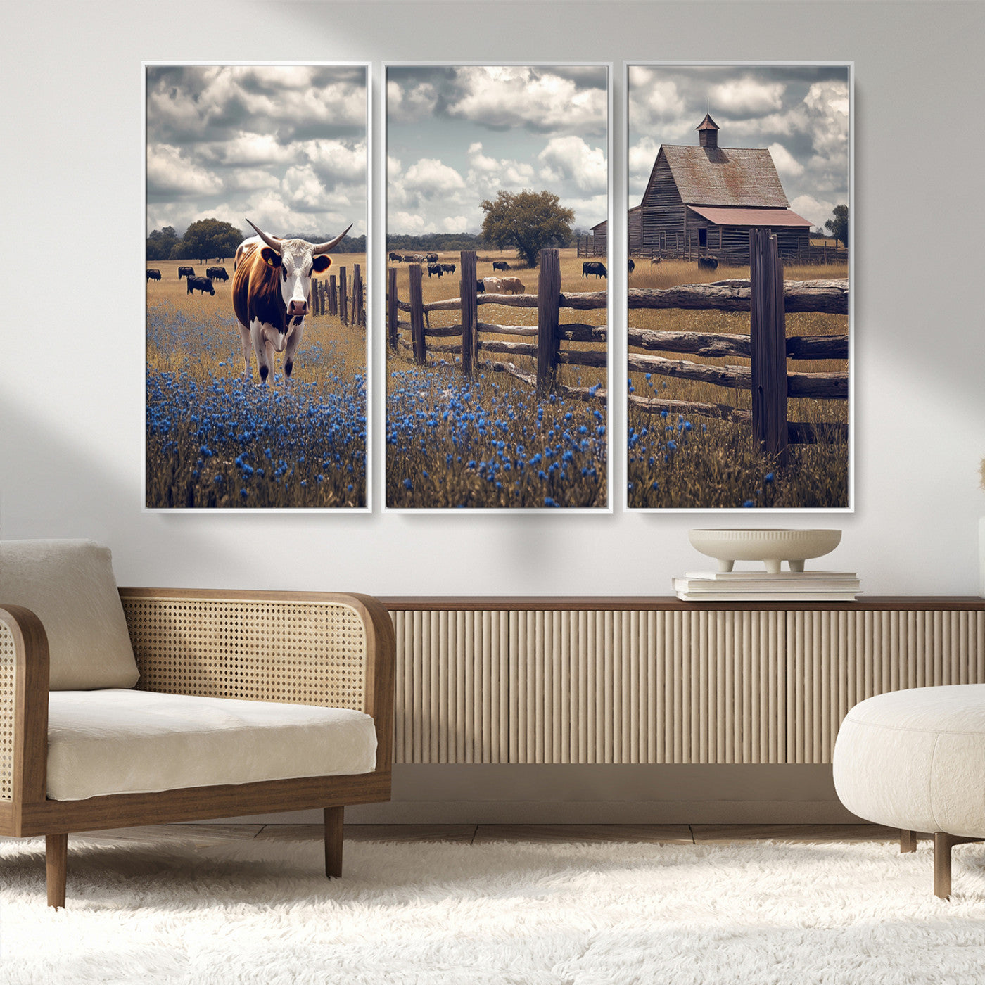 22296025-MGV-FC-48X32-3P_White-Texas Longhorn Canvas Wall Art Canvas Print, Framed Rustic Barn Wall Art Art Picture Print, Farmhouse Cow Decor Perfect Rustic