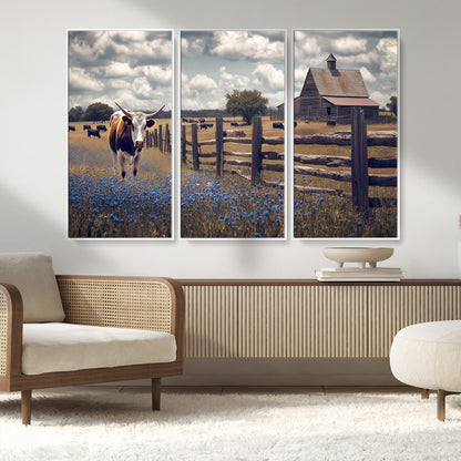 22296025-MGV-FC-48X32-3P_White-Texas Longhorn Canvas Wall Art Canvas Print, Framed Rustic Barn Wall Art Art Picture Print, Farmhouse Cow Decor Perfect Rustic
